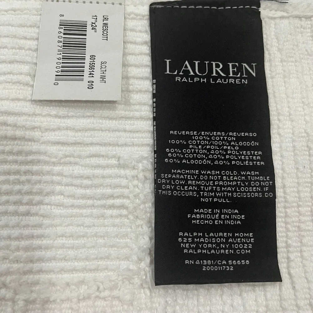 LAUREN Ralph Lauren Wescott White Bath Rug 17x24 | Skid Resistant Latex Backing